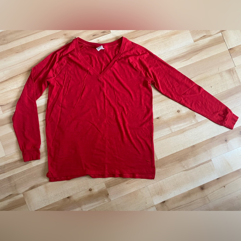 Victoria Secret PINK Brand Red V-neck Long Sleeved Tee Top Shirt Sz M
